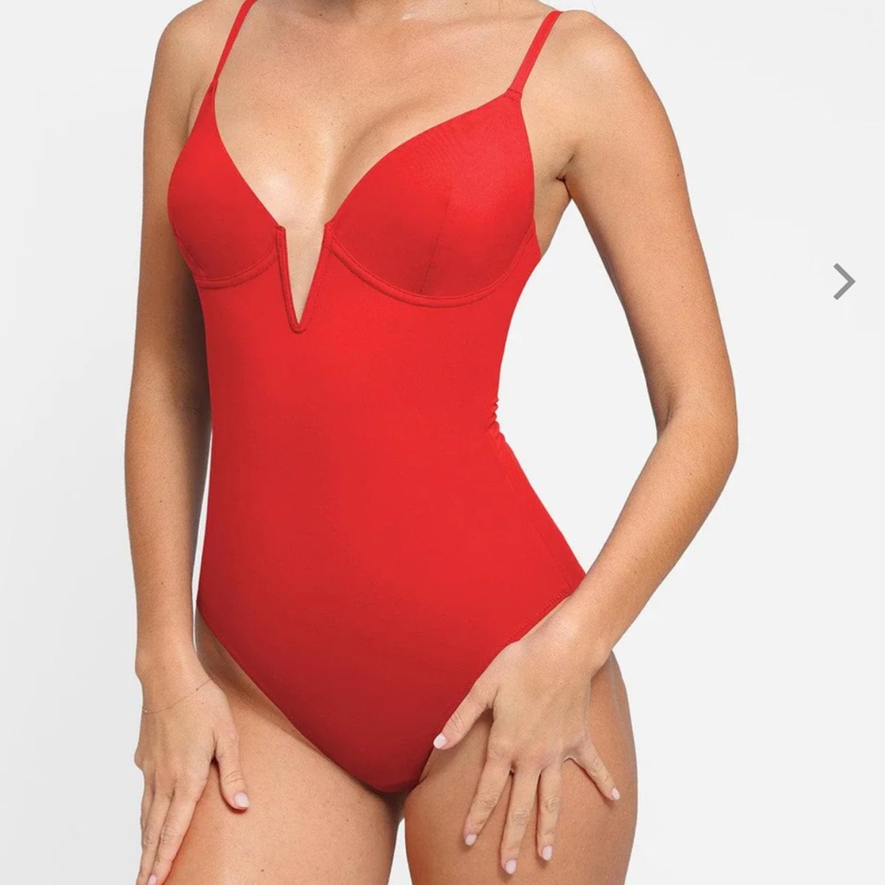 Elegant Red V-Neck One-Piece Swimsuit